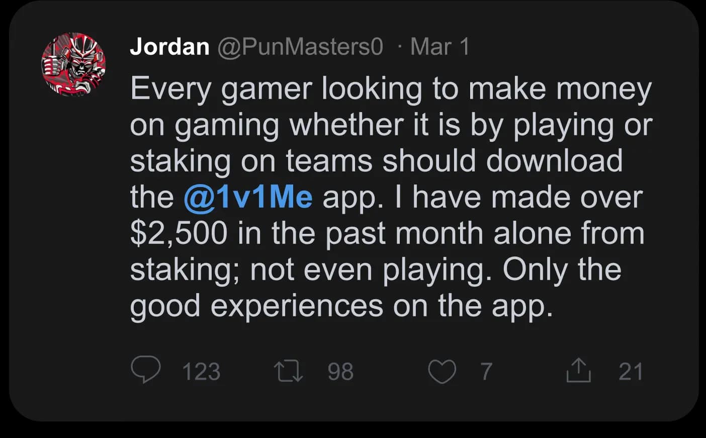 Every gamer looking to make money on gaming whether it is by playing or staking on teams should download the @1v1Me app. I have made over $2,500 in the past month alone from staking; not even playing. Only the good experiences on the app.